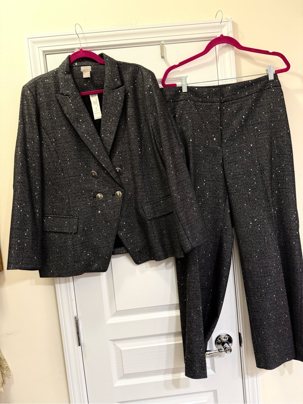 NWT Chico's Double Breasted Shimmer Metallic Sequin Plaid Suit
